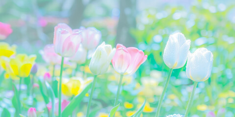 Pastel Spring Tulips Glistening with Dew in Soft Morning Light