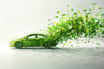 3D green sports car with leaves flowing from its rear, symbolizing an eco-friendly approach to economics and transportation. - obrazy, fototapety, plakaty