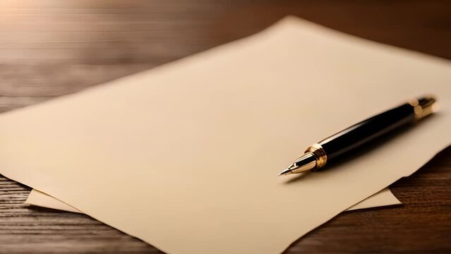 A blank sheet of paper and a fountain pen on a wooden table.