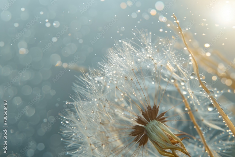Poster close-up view of a dandelion covered in water droplets, perfect for nature and macro photography pro