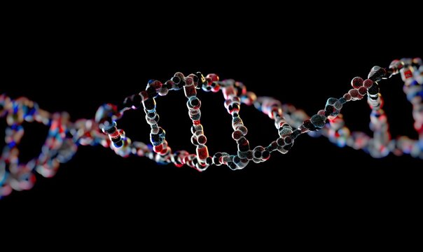 DNA sequence closeup isolated on black background as graphical element for genetic scientific experiment or mapping sequencing, relations ship DNA tests and chronic and cancer disease cure discovery