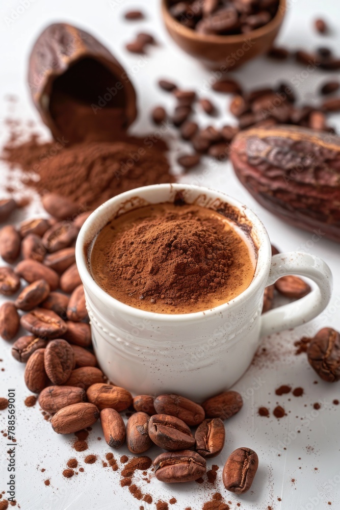 Poster A cup of coffee surrounded by coffee beans. Perfect for coffee lovers