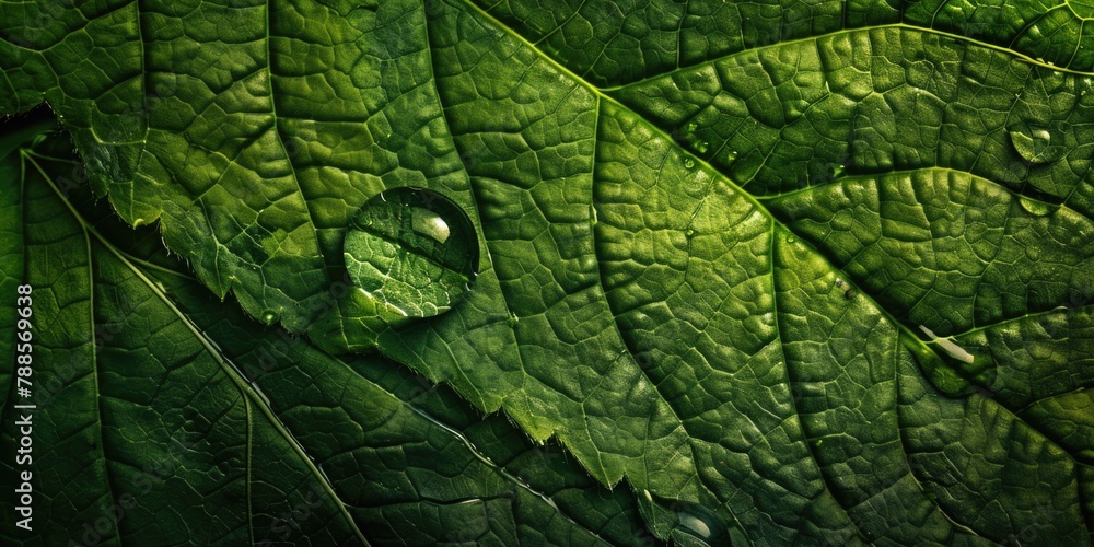 Poster Close up of a leaf with a single water drop. Ideal for nature and environmental concepts