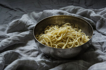 Fresh Cooked Spaghetti in Metal Bowl on Textured Linen Background