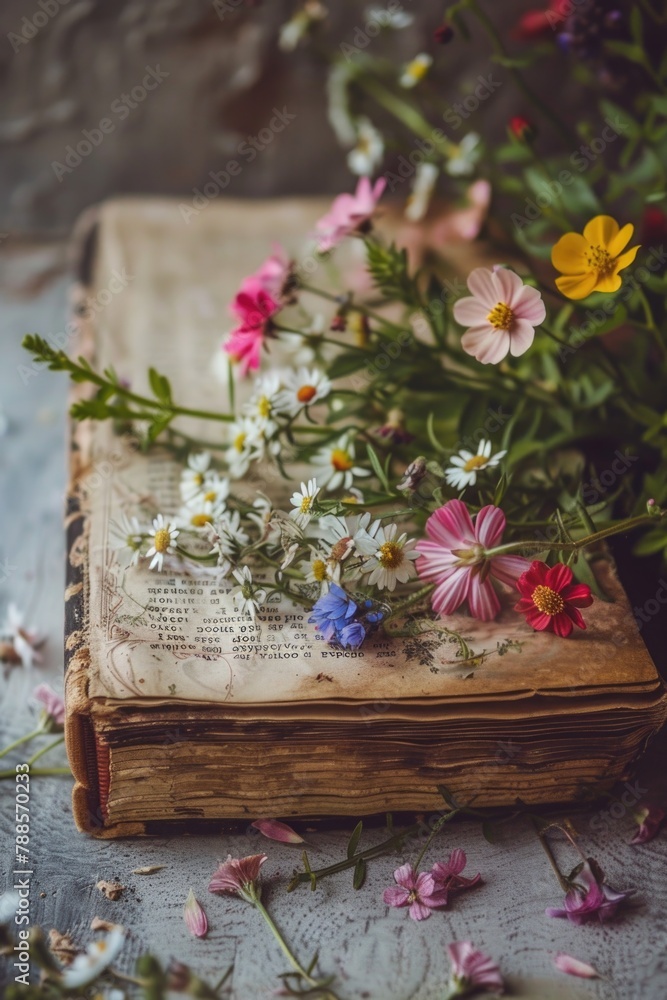 Poster An old book with delicate flowers on top. Perfect for design projects