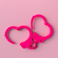 Pink handcuffs on pastel background - obrazy, fototapety, plakaty