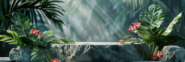 empty stone podium with tropical plants and rocks on dark concrete background for a product presentation mock up,.empty concrete podium scene summer background