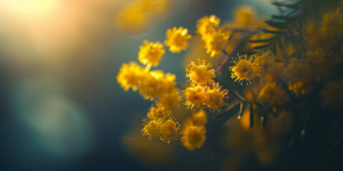 Fototapeta na wymiar Golden Hour Sunshine on Vibrant Yellow Mimosa Flowers