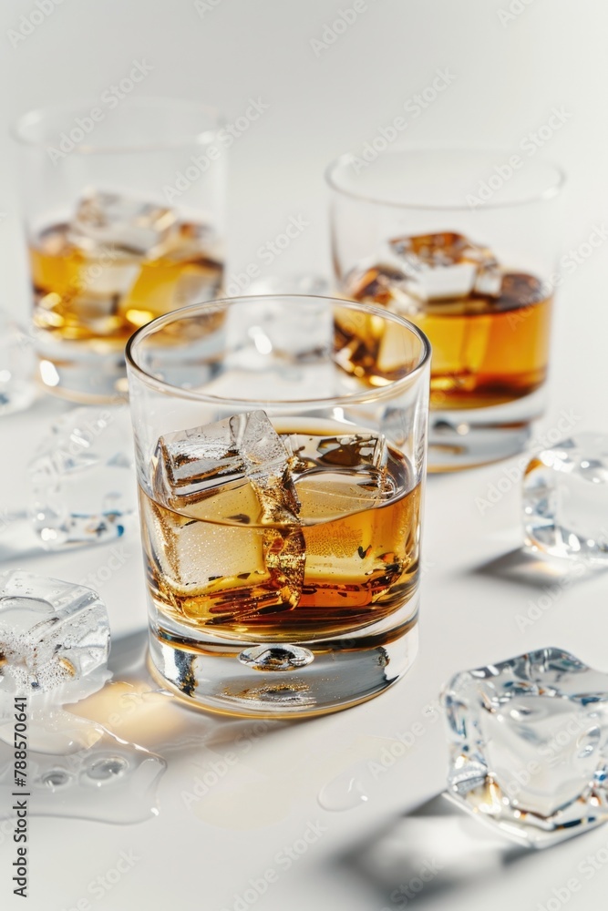 Poster two glasses of whiskey with ice cubes on a table. suitable for bar or restaurant themes