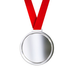 Blank silver medal with red ribbon isolated