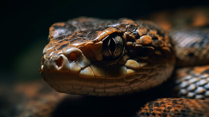 Close-up of the eyes of snake watching for defensive on black background.