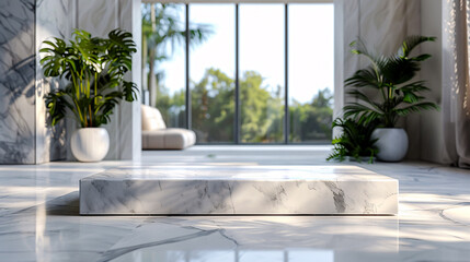 Minimalist white marble podium front view with clean living Room background ideal for luxury lifestyle product displays.