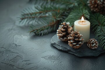 A lit candle placed on a rock next to pine cones. Ideal for holiday and nature-themed designs