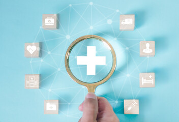 People holding magnifying glass and health medical icons. With positive figure, health and welfare concept. Healthcare, medicine, health and lifestyle