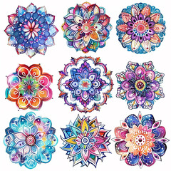 A set of colorful mandala flowers with a blue and gold center. The flowers are arranged in a pattern and are surrounded by a white background.