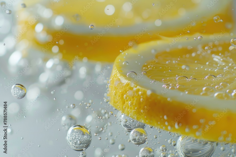 Poster close up of a lemon slice in water, suitable for food and beverage concepts