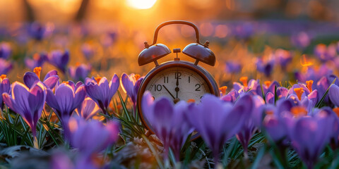 A clock with the time set at sunrise, surrounded by vibrant crocuses in full bloom. 