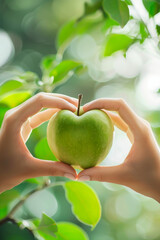 Heart-Shaped Hand Gesture Framing a Green Apple in Nature