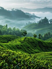 Mesmerizing undulating slopes of a tea plantation, their emerald hues contrasting with the soft mist and gentle rays of sunlight.