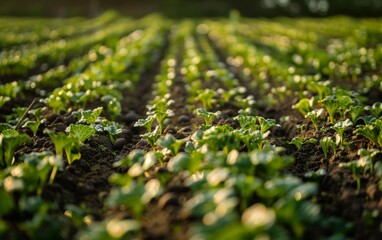 A flourishing vegetable garden with rows of vibrant green leaves glistening with dew, showcasing the beauty and abundance of nature's bounty.