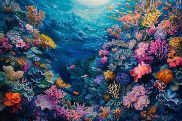 Naklejka na ściany i meble Coral reef, marine life abundance, underwater colors, biodiversity treasure