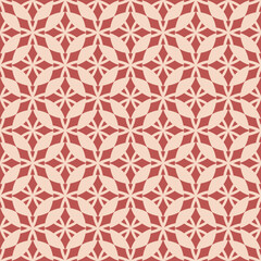Geometric abstract seamless pattern. Vector red and beige retro background. Modern geo leaf ornament, floral silhouettes. Texture with diamonds, grid, curved shapes, repeat tiles. Vintage design