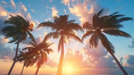 This is a beautiful sunset over the ocean. The palm trees are silhouetted against the sky, and the water is a deep blue.