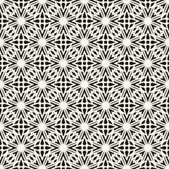 Abstract geometric mosaic ornament. Black and white vector seamless pattern with grid, lattice, ornamental shapes, floral silhouettes. Simple monochrome background texture. Repeating geo design