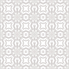 Abstract vector geometric seamless pattern. Subtle gray and white background. Modern geo ornament with floral silhouettes. Texture with diamonds, stars, mosaic grid, repeat tiles. Stylish design
