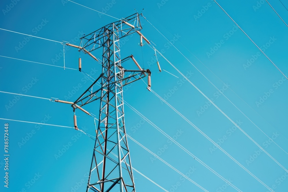 Poster a high voltage tower with a clear blue sky in the background. suitable for technology and infrastruc