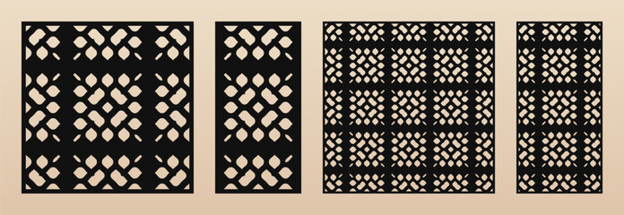Laser cut pattern set. Vector design with elegant geometric texture, abstract floral grid, leaves mesh. Islamic style ornament. Template for cnc cutting panels of wood, metal. Aspect ratio 1:2, 1:1