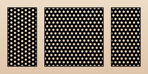 Laser cut pattern set. Vector template with abstract geometric texture, perforated hexagonal grid, mesh. Decorative stencil for CNC cut, laser cutting of wood, metal, paper. Aspect ratio 1:2, 1:1