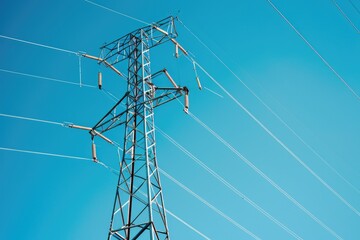 A high voltage tower with a clear blue sky in the background. Suitable for technology and infrastructure concepts