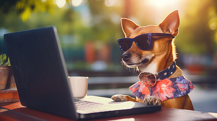 Dog works with the laptop. Remote work or freelance concept with funny puppy.