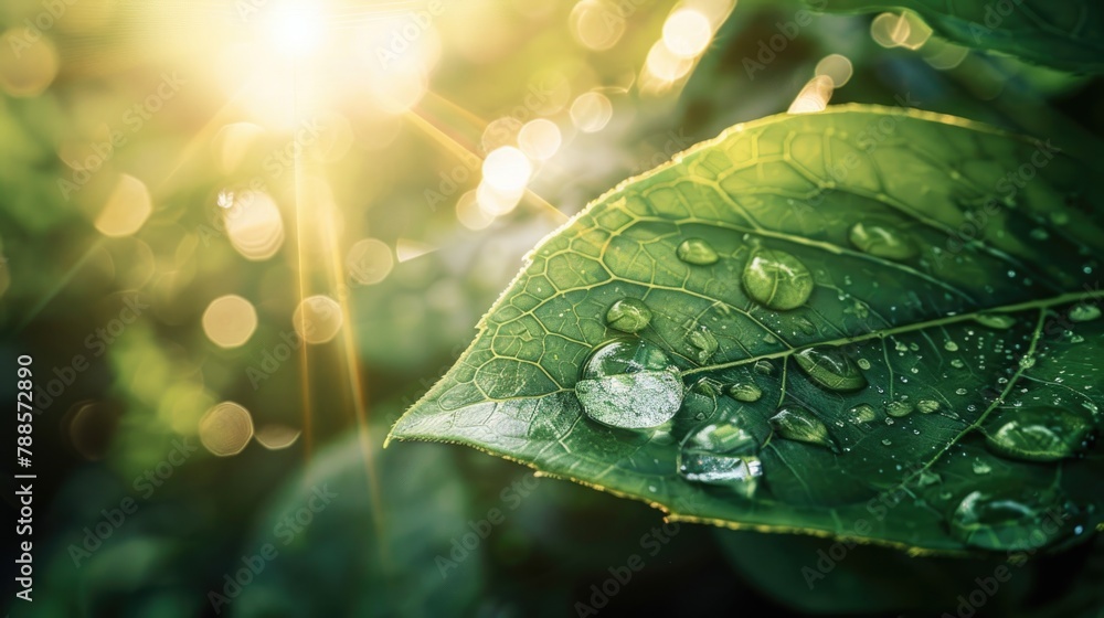 Poster Detailed view of a leaf with water droplets. Suitable for nature and environment concepts