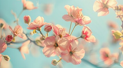 Against a backdrop of clear blue skies spring flowers dance gracefully Behold a stunning arrangement of delicate pastel pink blooms encapsulating the essence of a summer aesthetic - obrazy, fototapety, plakaty
