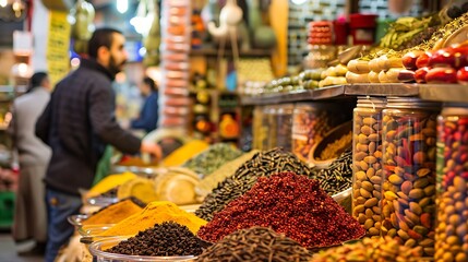A bustling spice market with a variety of spices, nuts, and other dried goods. The market is full of color and activity. - obrazy, fototapety, plakaty