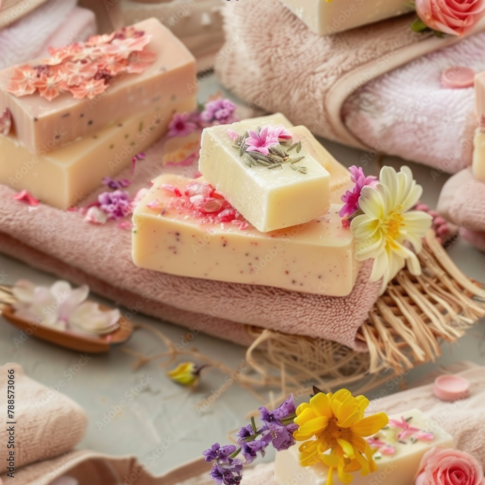 Poster a bunch of soap bars sitting on top of towels. perfect for hygiene or spa concepts