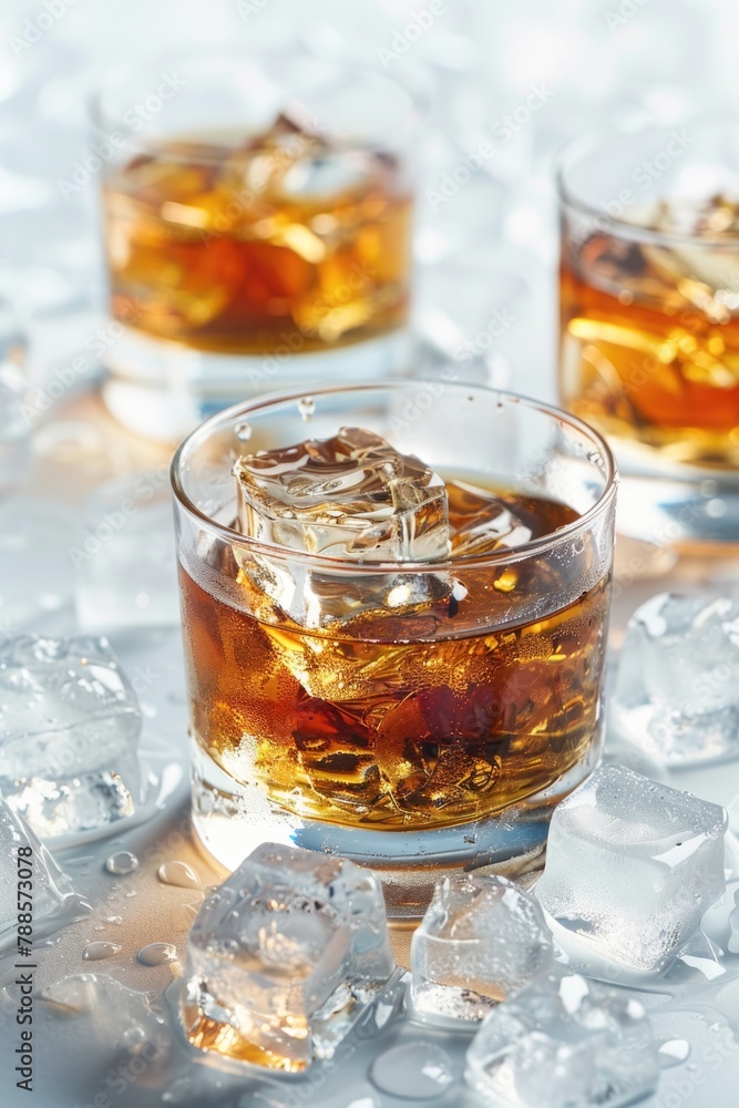 Poster two glasses of whiskey with ice on a table. suitable for beverage concepts