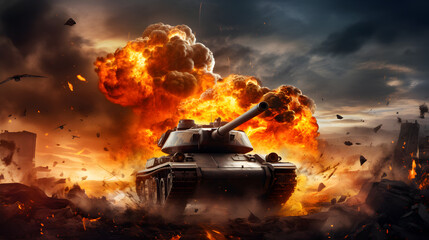 war heavy vehicle fire defense mission smoke military. Battle tanks with a city on fire  - obrazy, fototapety, plakaty