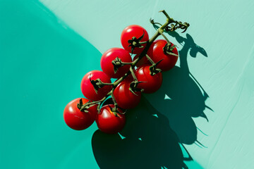 Fresh Cherry Tomatoes Bunch on Vibrant Aqua Background