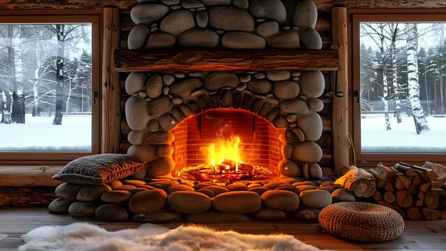 fireplace inside a log cabin during winter and snowfall from outside the window. seamless looping 4k time-lapse video background