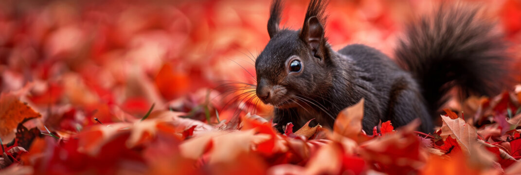 Curious Black Squirrel Amidst Autumn's Red Canopy