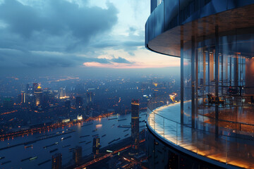 Design an image of a helipad built into the side of a towering skyscraper, offering panoramic views of a bustling metropolis below and glittering city lights stretching to the horizon