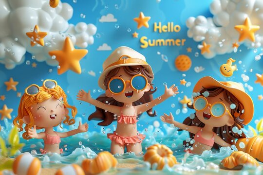 A sunny beach with cartoon characters. postcard. The inscription on the postcard Hello Summer. 3d illustration