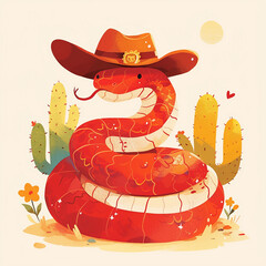 2025 A cartoon snake wearing a cowboy hat is sitting on its back. The hat is brown and has a star on it. The snake has a smile on its face and he is happy