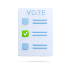 Cute cartoon 3d ballot paper with check mark isolated on white background. Design element for election campaign concept. Ballot voting vector illustration of 3d render.