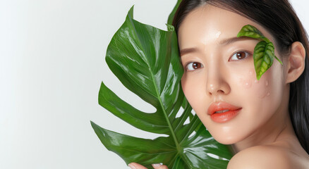 A woman with her hands on the sides of her face smiling, touching monstera leaves to her skin, on a dark green background, a commercial shoot for a skincare brand