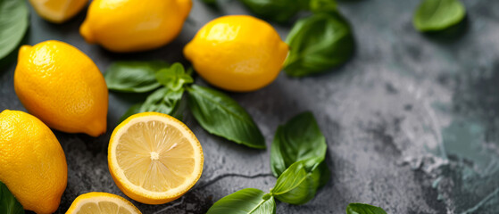 Close up of juicy lemon with green leaf. Citrus Fruits. Minimal mockup, banner for ads. Generative ai - obrazy, fototapety, plakaty