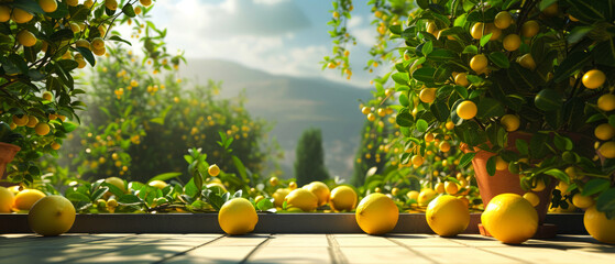 Fairy garden with lemon trees and fruits.  Beautiful summer exterior mockup. backyard, patio with orchard view. generative ai.